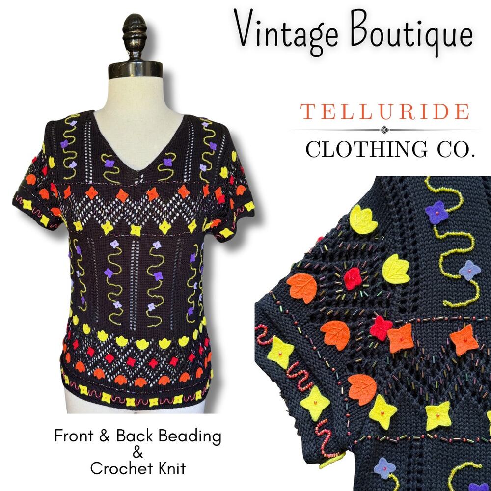 Vintage Boutique Telluride Beaded Crochet Knit Sweater Top Felt Floral Appliqué